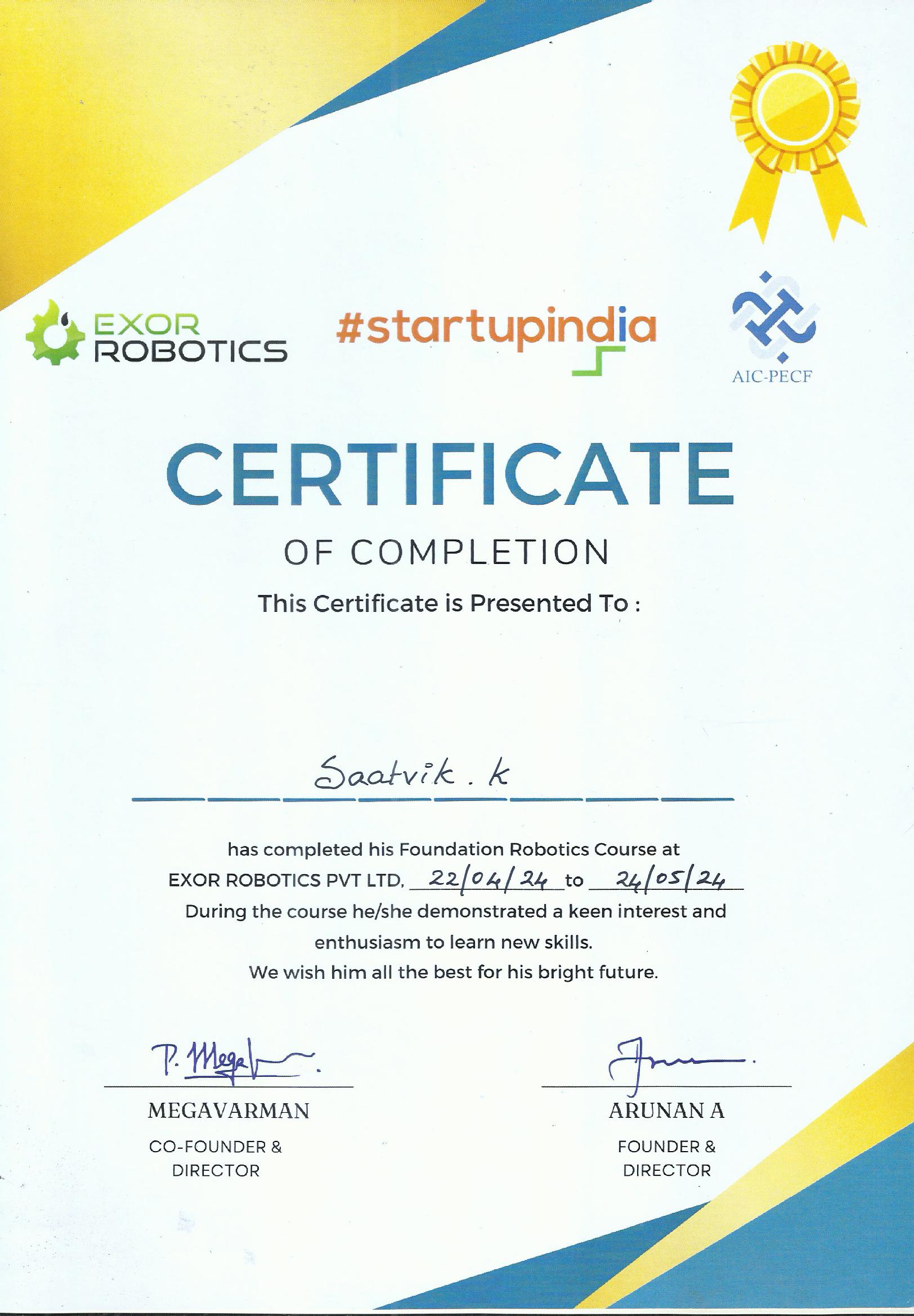 Foundation Robotics / Arduino Programming certificate, Exor Robotics