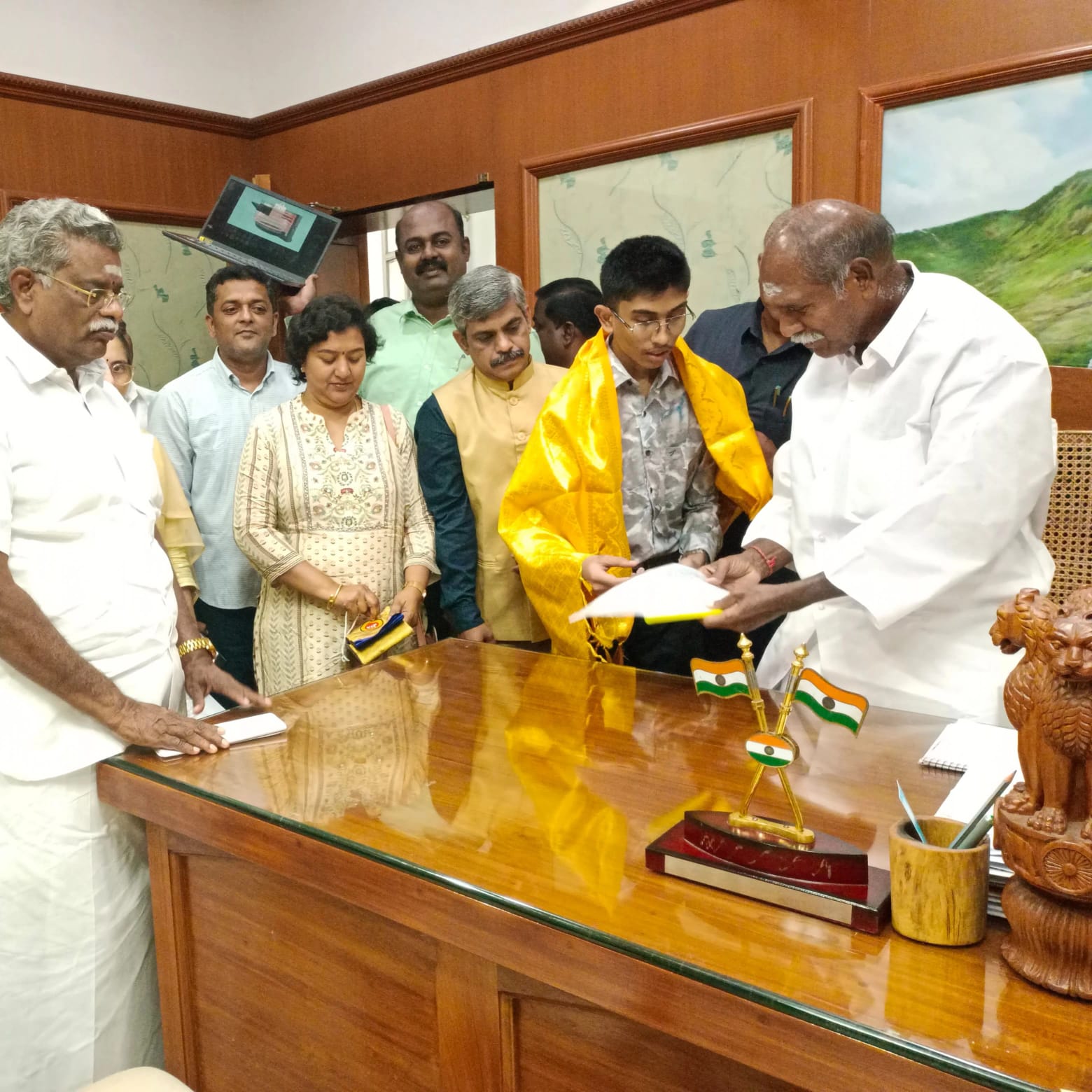 Saatvik Karthikeyan with N. Rangasamy, Chief Minister of Puducherry