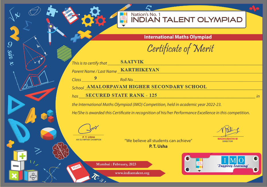 International Maths Olympiad Certificate of Merit, State Rank 125
