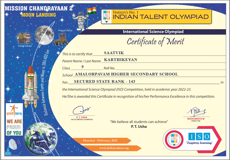 International Science Olympiad Certificate of Merit, State Rank 143
