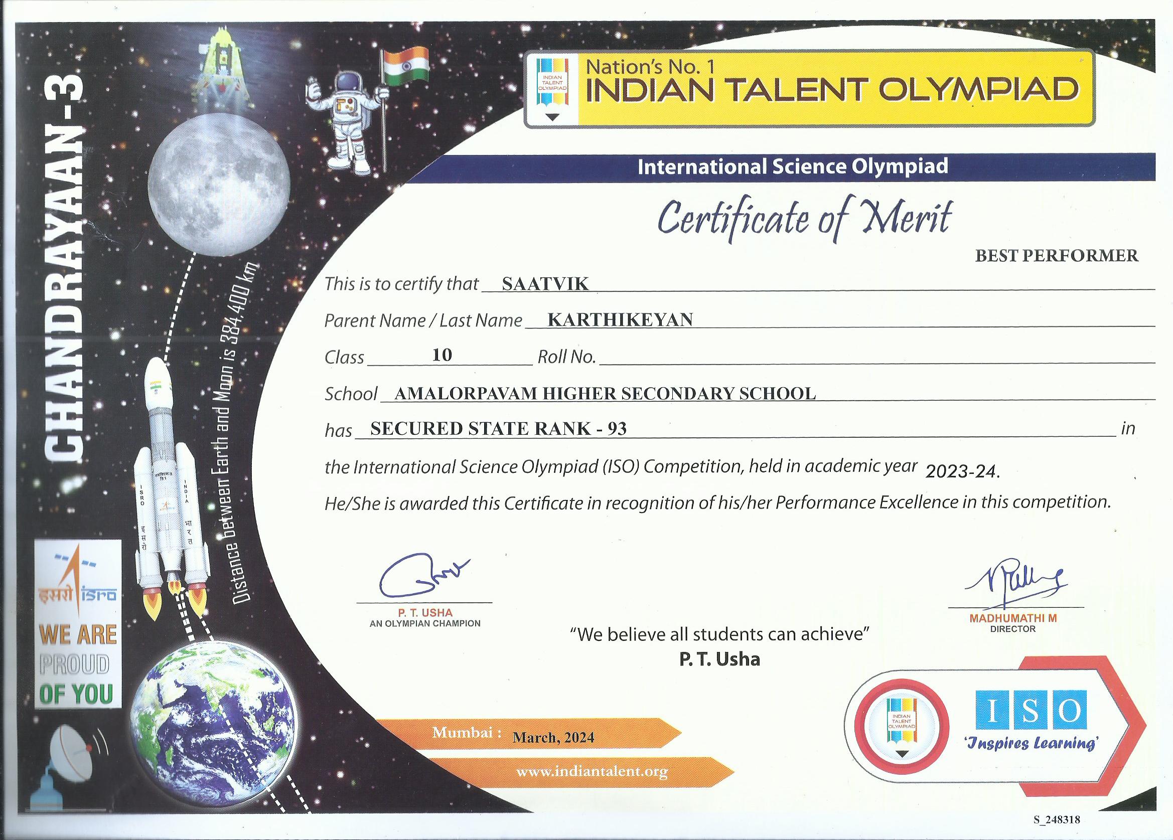 International Science Olympiad Certificate of Merit, State Rank 93, Best Performer