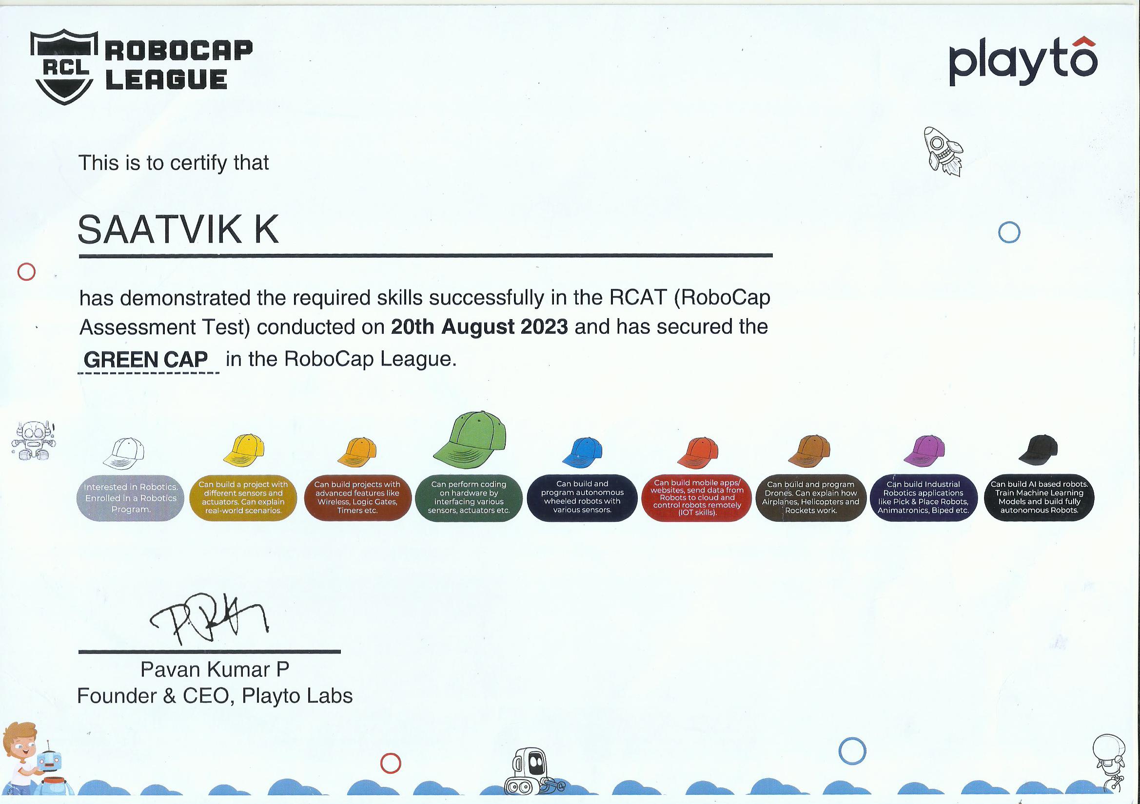 RoboCap League Green Cap certificate, Playto Labs