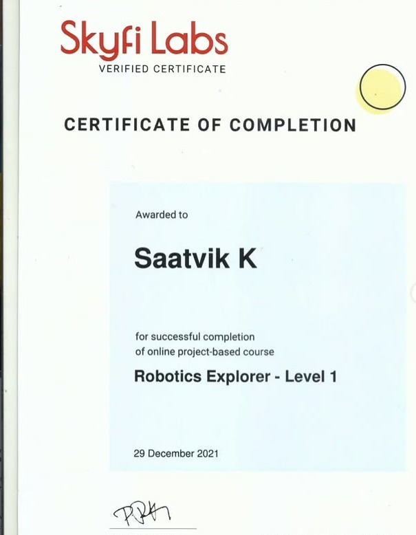Robotics Explorer Level 1 certificate, Skyfi Labs